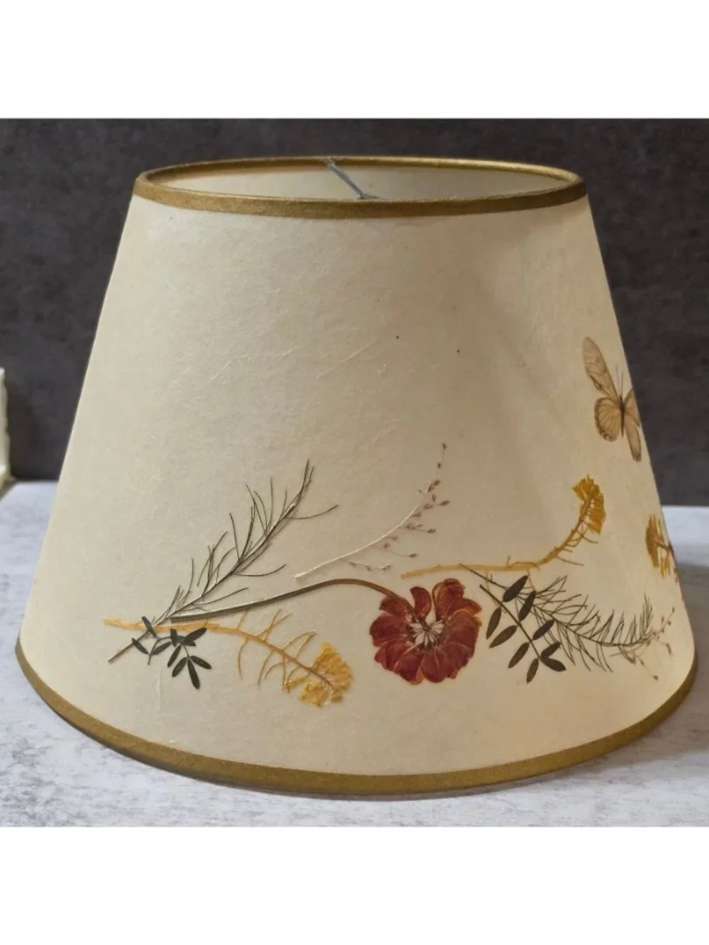 Vtg Van Briggle Style Botanical Lamp Shade Real Pressed Flowers w Butterfly 10
